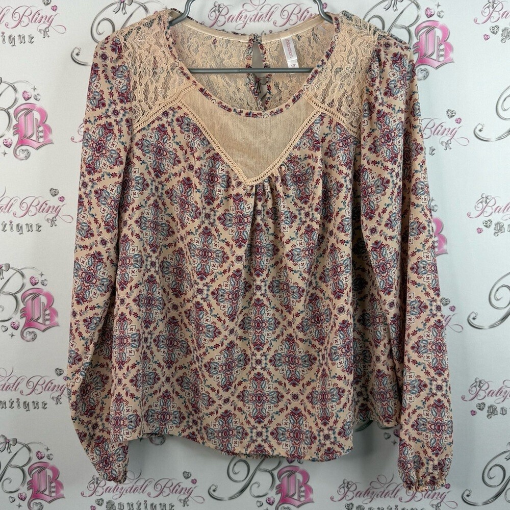Xhilaration long sleeve lace, paisley, blue Beige and Red Patterned Blouse